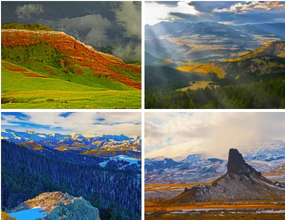A collage of pictures of mountains in different colors.