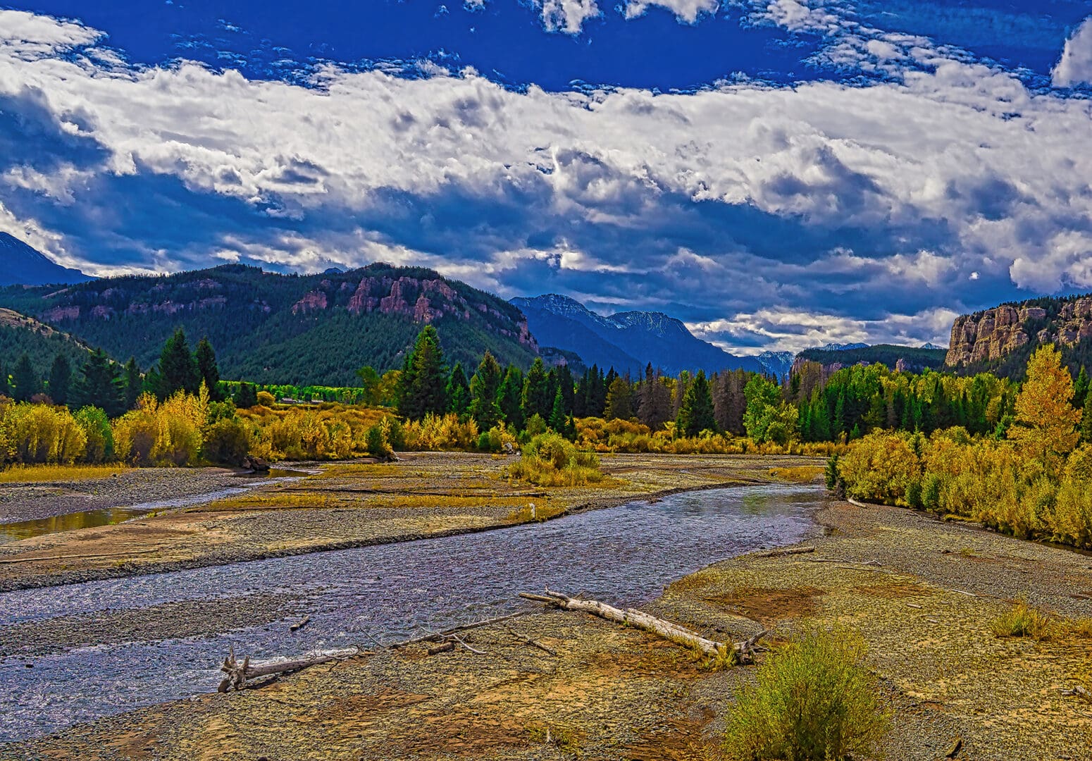 A river with trees and mountains in the background.